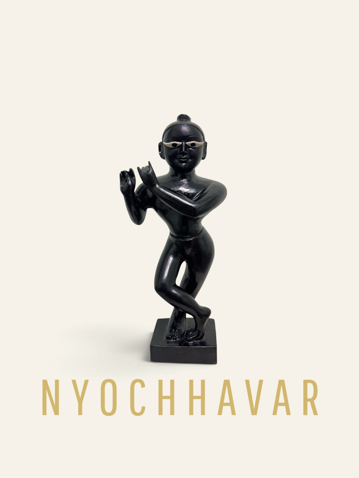 Black marble Krishna statue standing in tribhanga flute-playing pose with high polish finish