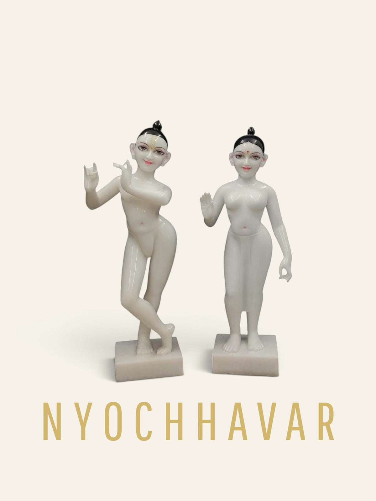 Pair of white marble Radha Krishna murtis in temple style, carved undraped for daily dressing and shringar