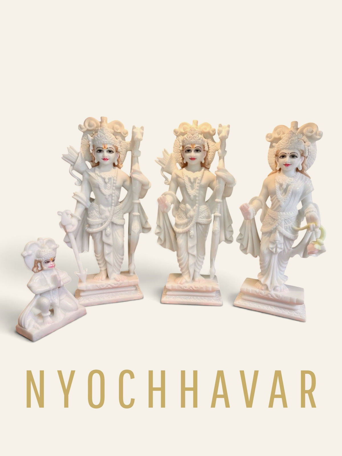 White marble Ram Darbar set of four with Ram, Lakshman and Sita standing and Hanuman Ji kneeling