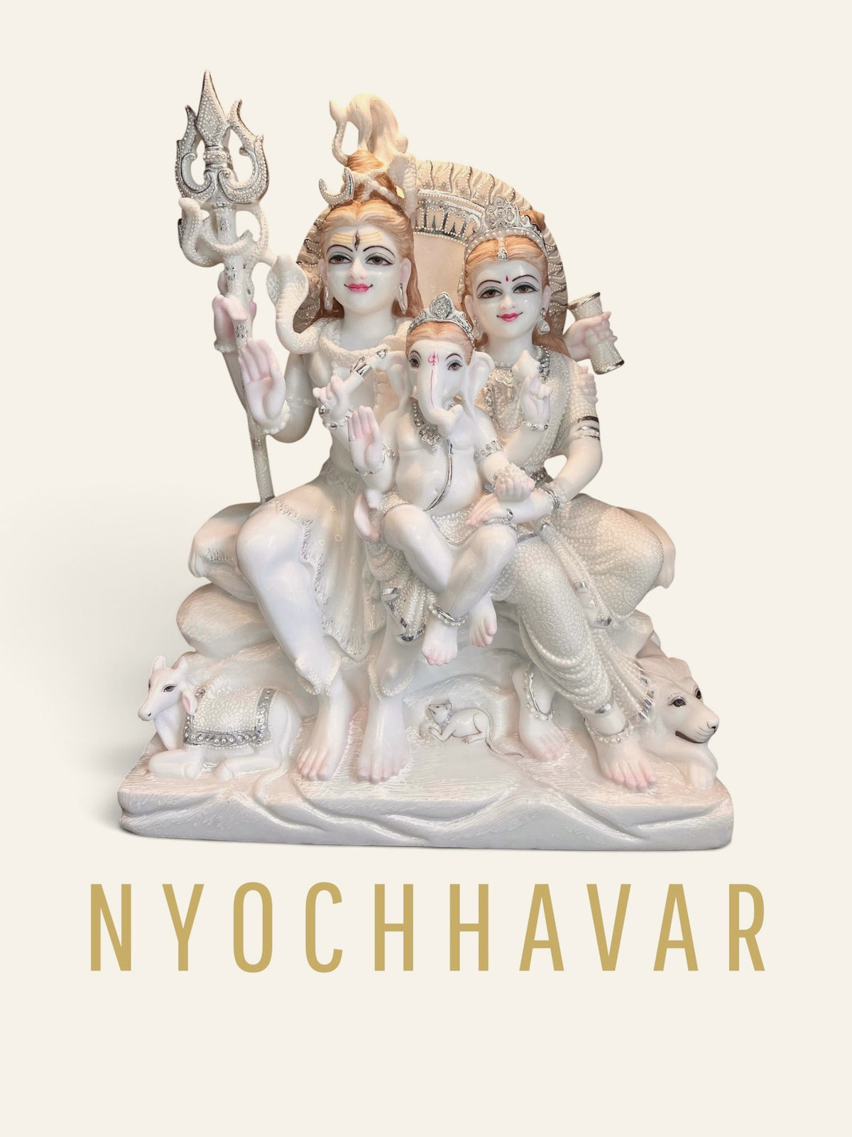 White marble Shiv Parivar statue with Shiva, Parvati and Ganesh Ji seated together with Nandi, lion and mouse at the base