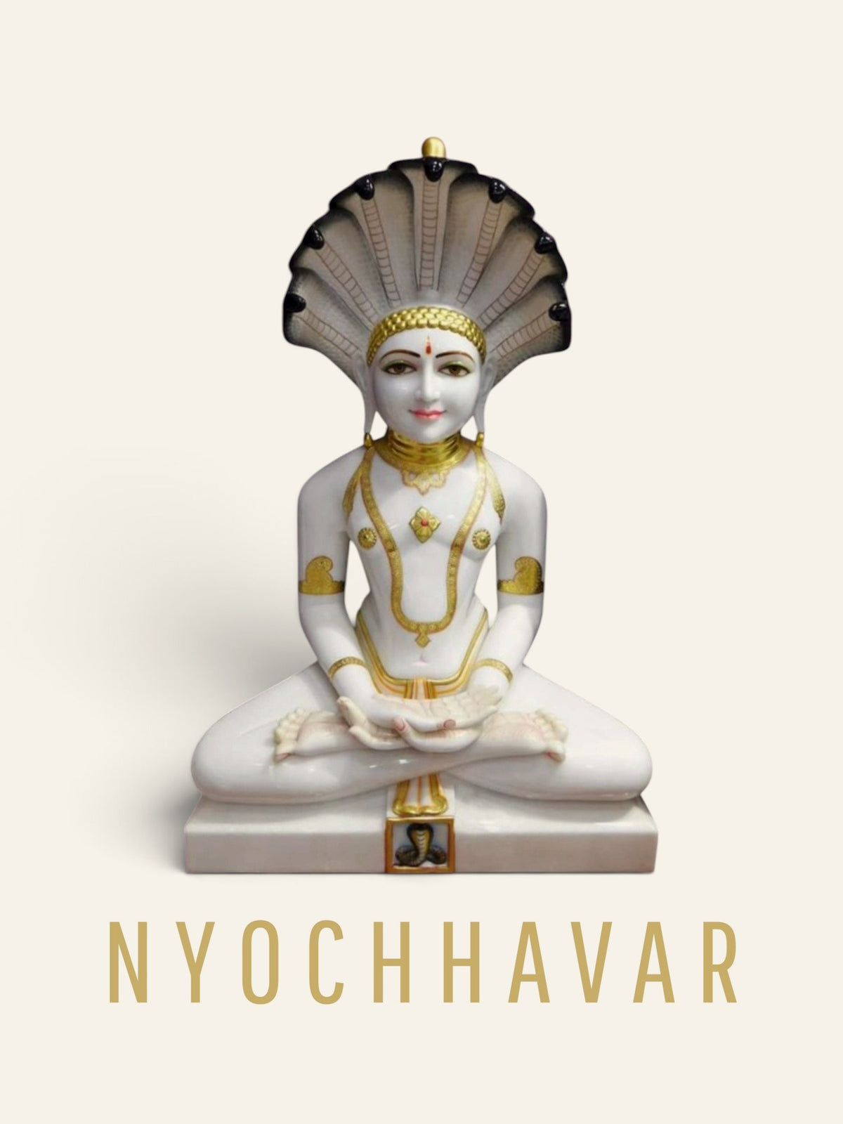 White marble Parshvanath Bhagwan murti seated in padmasana under a seven-hooded naga canopy with gold detailing