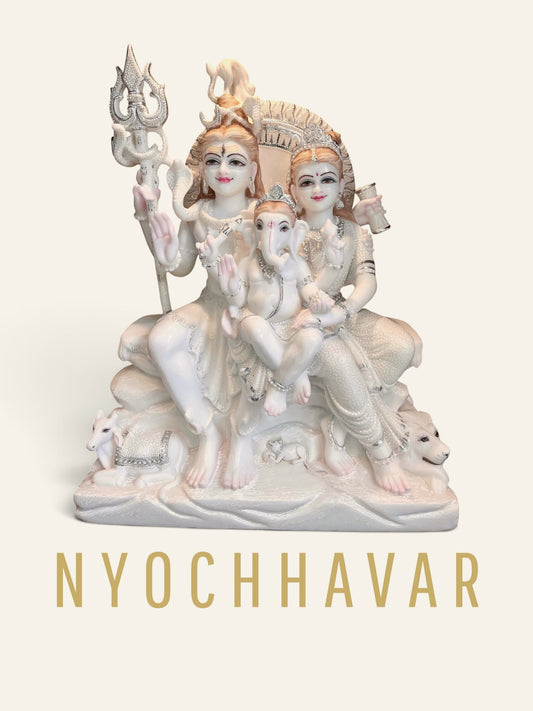 White marble Shiv Parivar statue with Shiva, Parvati and Ganesh Ji seated together with Nandi, lion and mouse at the base