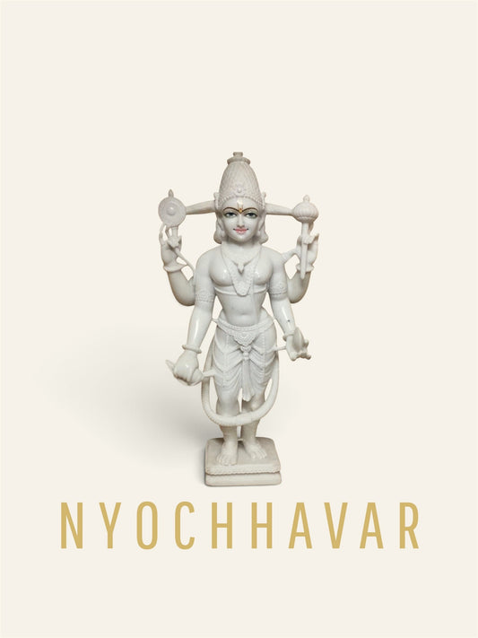 White marble Vishnu Ji statue standing with shankh, chakra, gada and padma, hand-carved in Jaipur